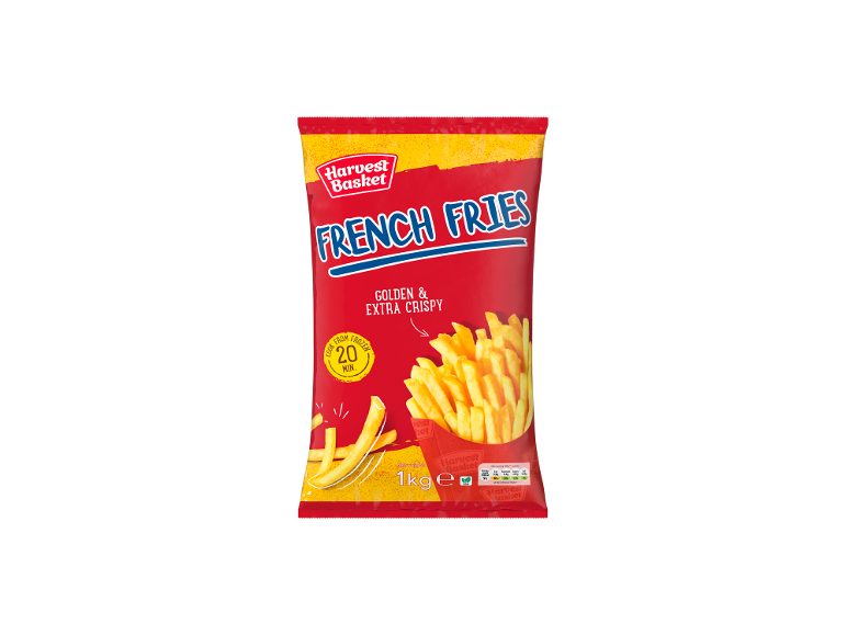 Bag of frozen french fries with 'Golden & Extra Crispy' text and 20 min cooking time.