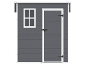 Gray garden shed with white frame, window, and door.