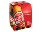 Six-pack of beer with cold bottles and text indicating premium beer.
