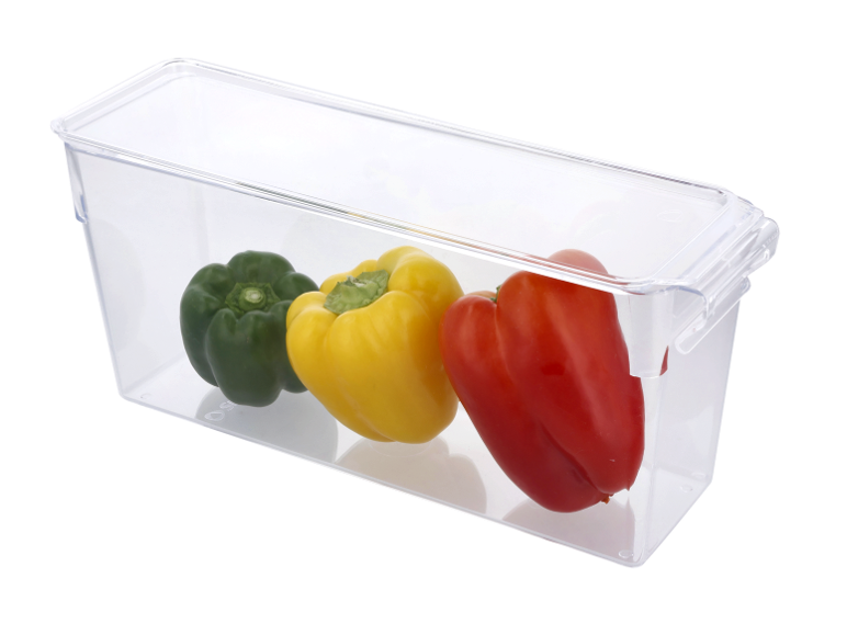 Transparent storage box with green, yellow, and red bell peppers
