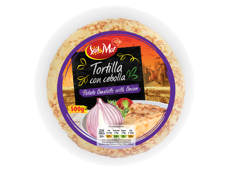 Spanish potato omelette with onion, with nutritional information on the packaging.