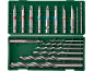 Drill bit and screwdriver bit set in a green case, with colored tips.