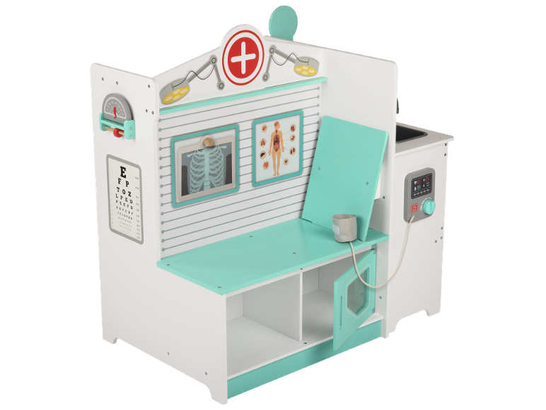 Wooden doctor play set with examination bed, X-ray, and eye chart.