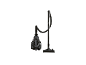 Black vacuum cleaner with a transparent dust container and a telescopic tube.
