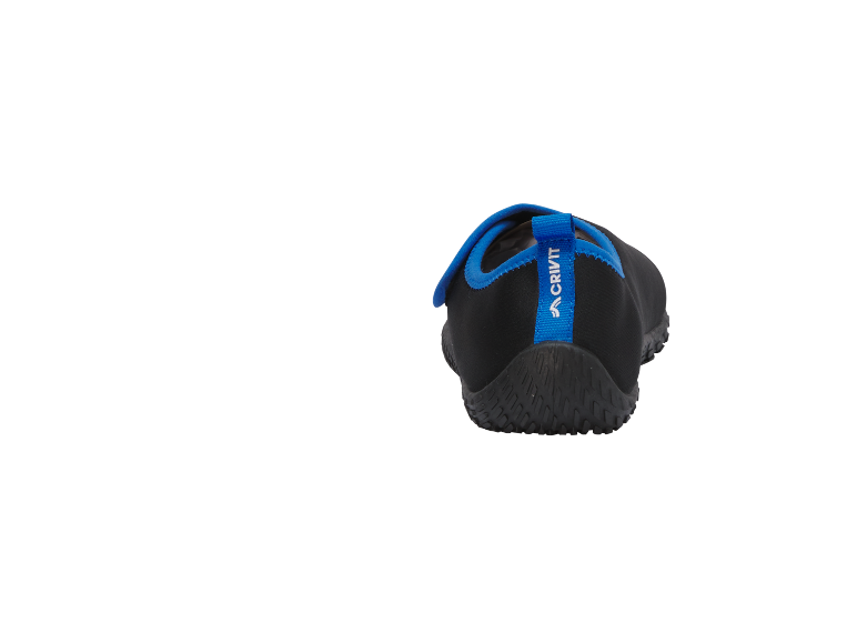 Black water shoes with blue details, rear view.