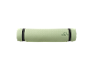 Rolled light green exercise mat with a subtle pattern and black straps.