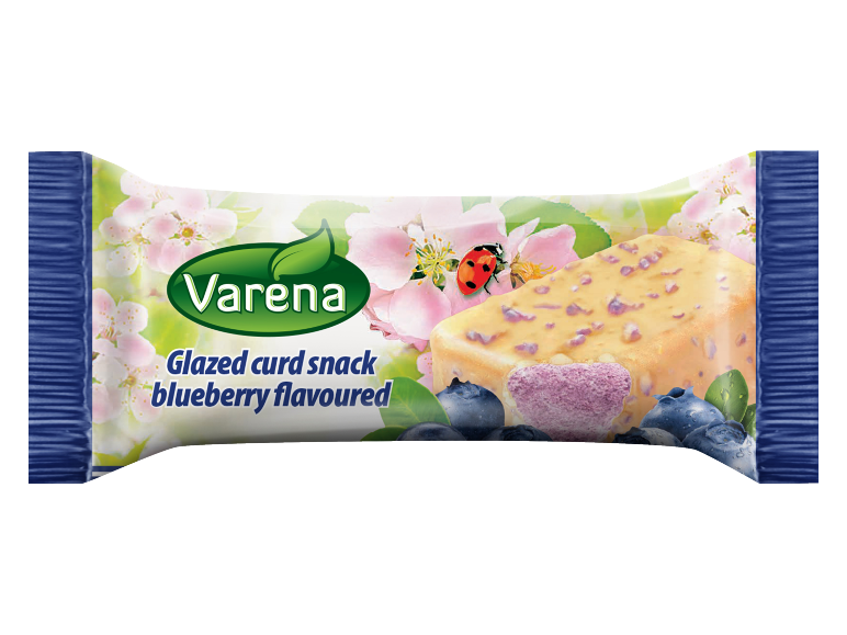 Glazed curd snack blueberry flavoured, with flowers and a ladybug.