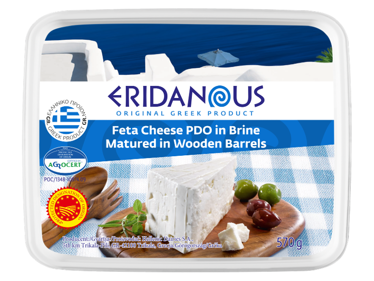 Feta cheese PDO in brine, matured in wooden barrels, with olives and herbs.