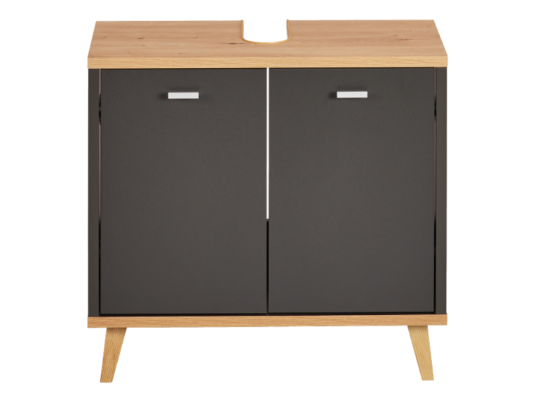 Dark grey bathroom base cabinet with light wood top and legs