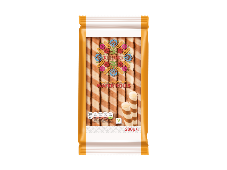 Package of vanilla flavoured wafer rolls with a colourful floral design and nutritional information.
