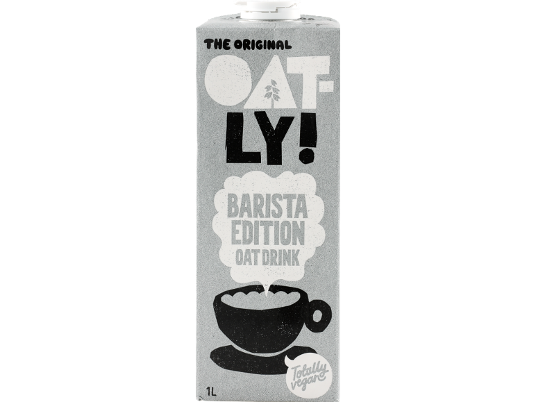 Grey packaging of barista oat drink with a black cup and text