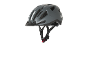 Grey bicycle helmet with ventilation openings and a red clasp.