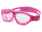 Pink swimming goggles with clear lenses and an adjustable strap.