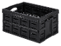 Black collapsible storage crate with ventilation holes.