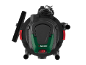 Top view of a black and green wet and dry vacuum cleaner with red accents.