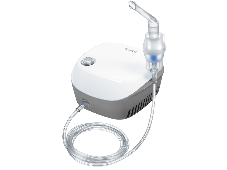 White and grey nebulizer with mouthpiece and clear tubing