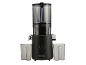 Black slow juicer with transparent containers and control knob.