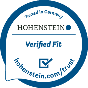 Seal 'Tested in Germany', 'Verified Fit', with the web address 'hohenstein.com/trust'.