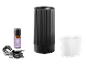 Black aroma diffuser with lavender oil, USB cable, and measuring cup.