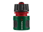 Green and red garden hose connector with a black textured grip.