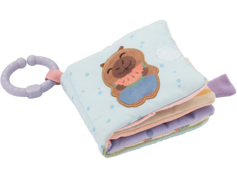 Soft baby fabric book with a cartoon capybara eating watermelon.
