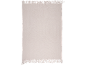 Off-white woven rug or blanket with fringes on two sides.