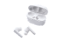 White wireless earbuds and an open charging case on a black background.