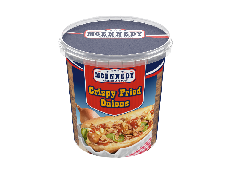 Crispy fried onions in a bucket, with a hot dog and onion on the label.