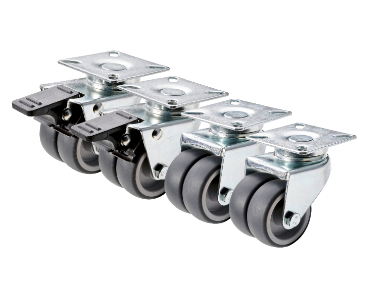 Four grey caster wheels with brakes and metal mounting plates.