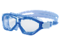 Blue swimming goggles with clear lenses and an adjustable strap.