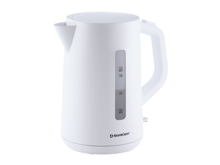 White electric kettle with a 1.7 L capacity and water level indicator.