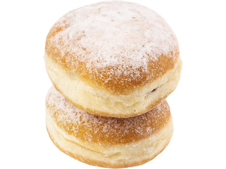 Two sugar-dusted doughnuts stacked on a black background.