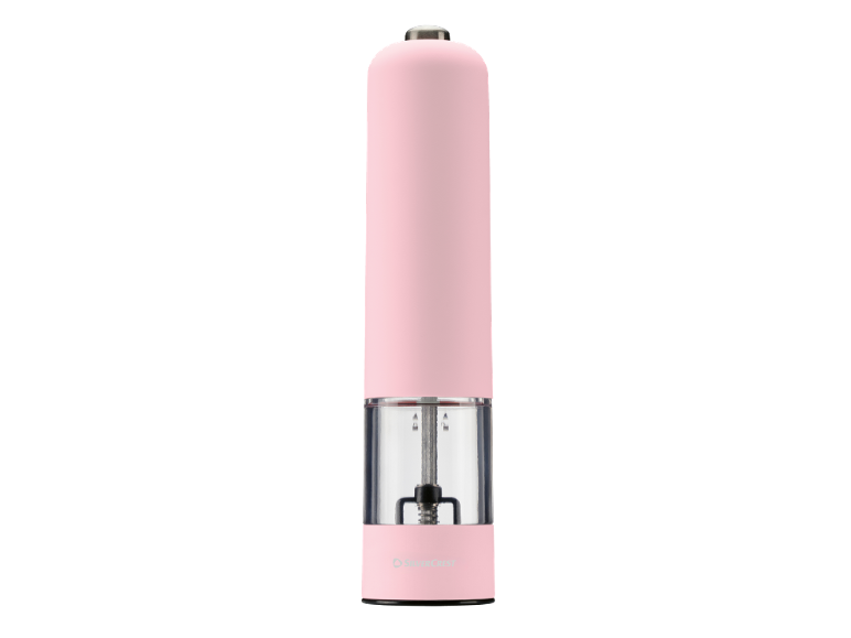 Pink electric salt or pepper grinder with a transparent base.