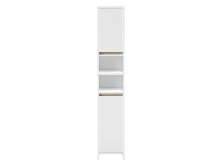 White shelving unit with two closed compartments and two open shelves.