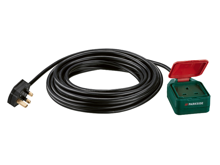 Black extension cable with a plug and a green socket with a red flap.