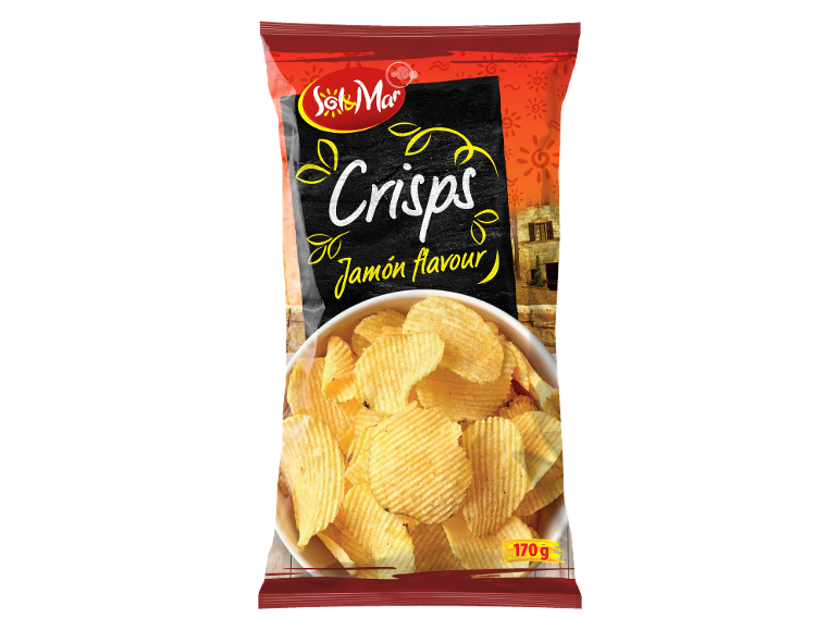Crisps with jamón flavour in a red and black bag, with a bowl of crisps.