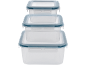 Set of three clear plastic food containers with blue lids, stacked.