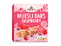 Muesli bars with raspberry, 6 bars, 150g, with nutritional information.
