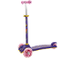 Purple three-wheel children's scooter with pink wheels and handles, featuring dinosaur designs.