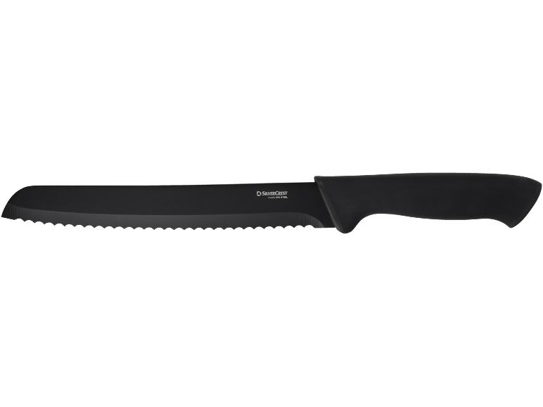 Black serrated bread knife with the inscription «STAINLESS STEEL»