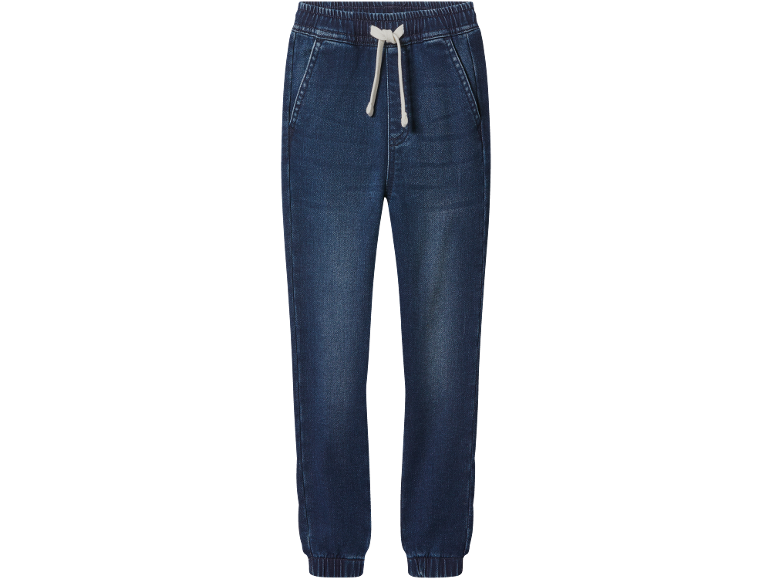 Dark blue kids' denim jogger pants with a white drawstring.