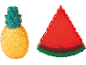 Pet toys shaped like a yellow pineapple and a red watermelon.