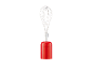 Red whisk with white wires on a black background.
