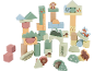 Wooden building blocks with forest and animal themes, in pastel tones.