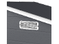 Grey shed wall with a white ventilation grille and part of the roof.