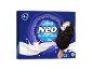 Ice cream box with 4 chocolate-covered ice cream sticks and milk.