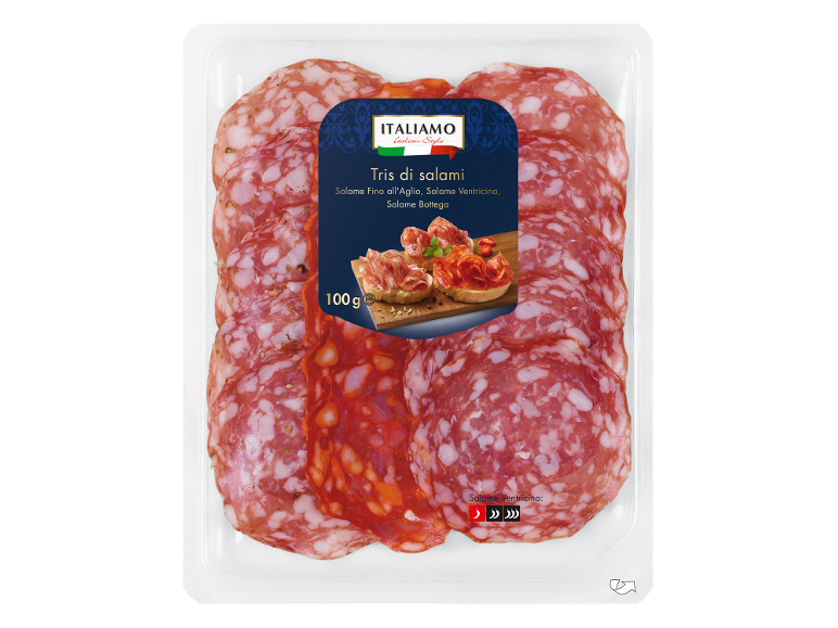 100g tray of three types of salami: Salame Fino all'Aglio, Salame Ventricina, and Salame Bottega.