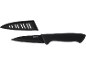 Black knife with a black blade and black handle, accompanied by a black blade guard.