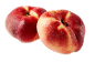 Two ripe flat peaches with red and yellow skin on a black background.