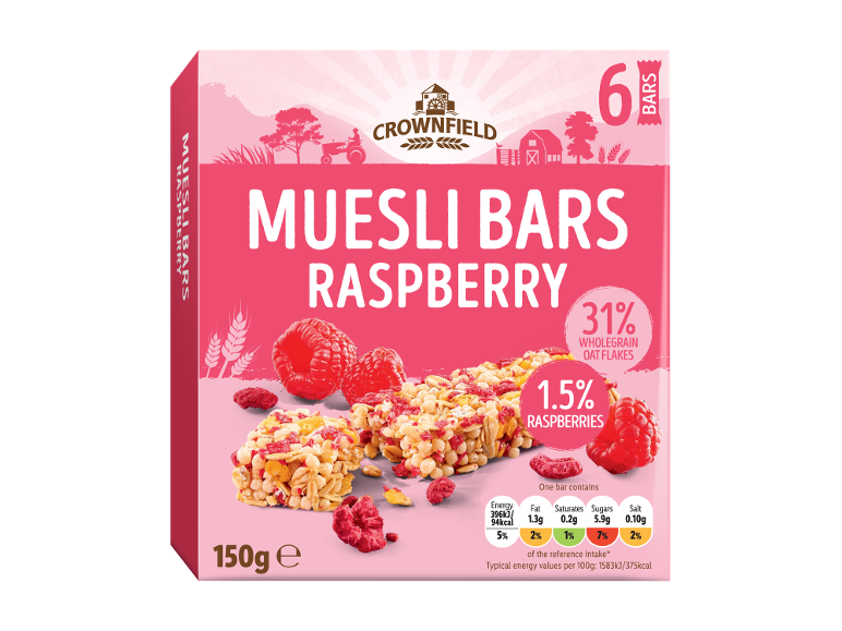 Muesli bars with raspberry, 6 bars, 150g, with nutritional information.